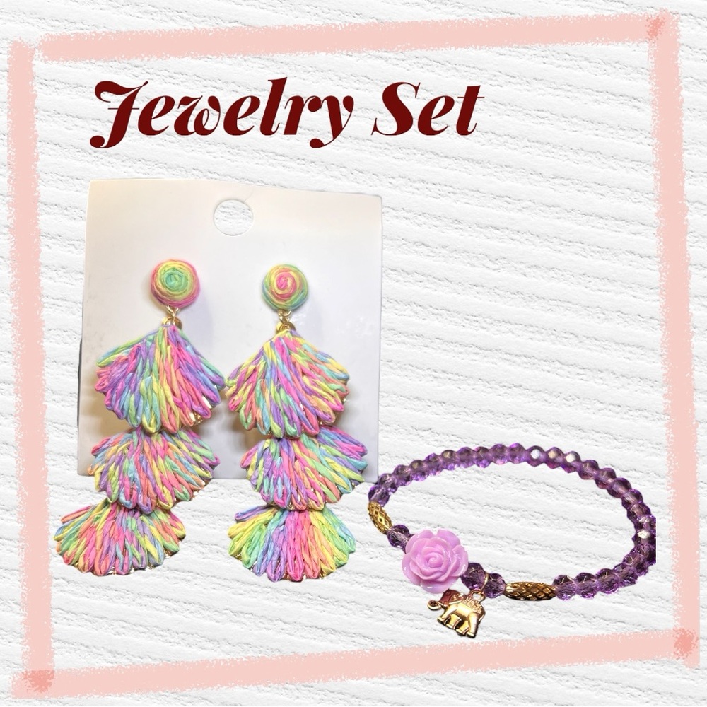 New Jewelry Set Woven Raffia Earrings and stretch bracelet set